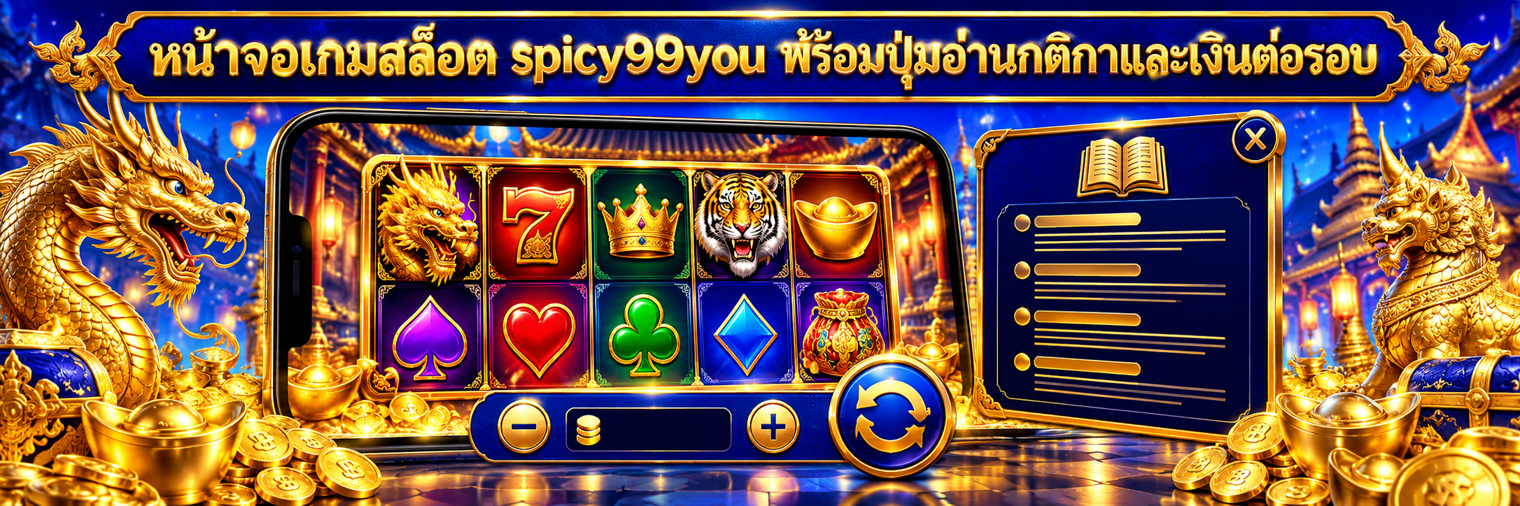 หน้าจอเกมสล็อต spicy99you พร้อมปุ่มอ่านกติกาและเงินต่อรอบ