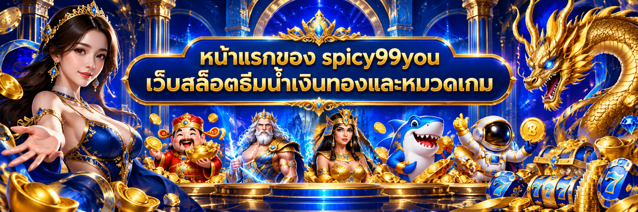 หน้าแรกของ spicy99you เว็บสล็อตธีมน้ำเงินทองและหมวดเกม